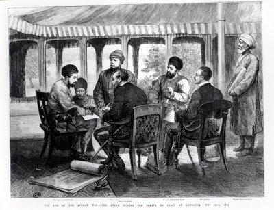 Muhammad Yaqub Khan (1849-1923) ondertekent het vredesverdrag in Gundamak op 26 mei 1879 door English School