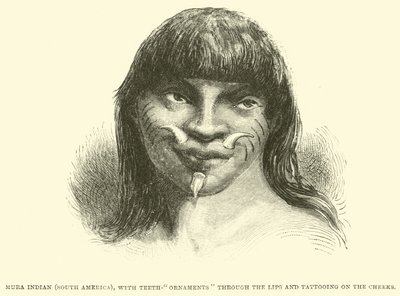 Mura Indiaan (Zuid-Amerika), met tandenornamenten door de lippen en tatoeages op de wangen door English School