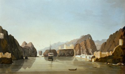 Muscat vanuit de haven met een Britse fregat voor anker, uit Sixteen Views of Places in the Persian Gulf, door Luitenant R. Temple, gepubliceerd 1813 door English School