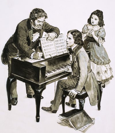 Muziekleraar Friedrich Wieck schreeuwt tegen Robert Schumann terwijl zijn dochter, Clara Wieck, toekijkt door English School