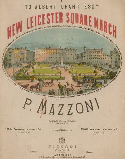 Muzikale partituur voor New Leicester Square March door P Mazzoni door English School