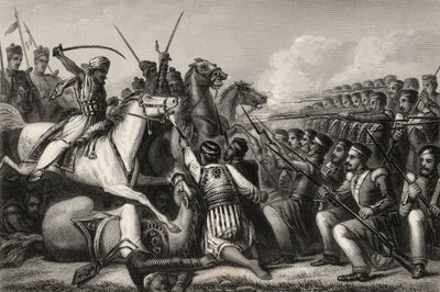 Mutinier cavalerie valt een infanterie vierkant aan bij de Slag om Cawnpore in 1857, uit 