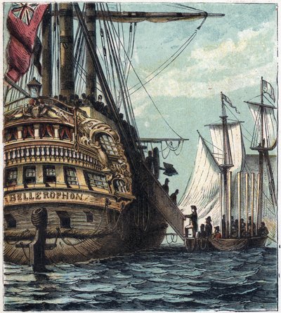 Napoleon I wordt aan de Engelsen overgeleverd. Inscheping van Napoleon naar Sint-Helena aan boord van de Bellerophon op 15 juli door English School