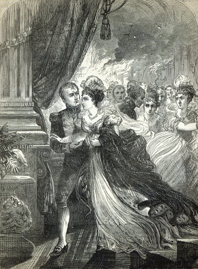 Napoleon en Marie-Louise ontsnappen aan de brand op het bal gegeven op 1 juli 1810 door de Oostenrijkse ambassadeur ter ere van het huwelijk van het keizerlijke paar door English School