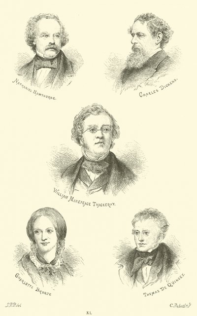 Nathaniel Hawthorne, Charles Dickens, William Makepeace Thackeray, Charlotte Bronte, Thomas De Quincey door English School