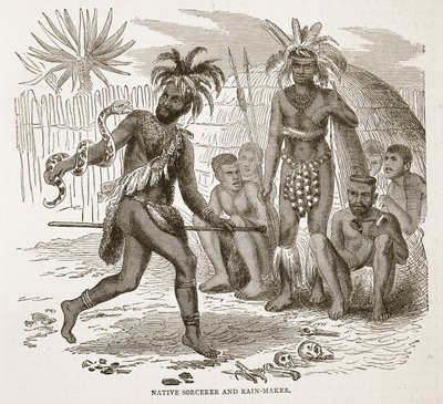 Inheemse tovenaar en regenmaker, illustratie uit The Pictorial Edition of the Life and Discoveries of David Livingstone door J. Ewing Richie, uitgegeven door A. Fullarton & Co., 1876 door English School