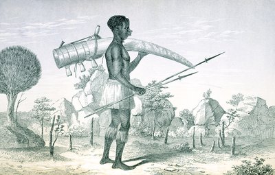 Inheemse die een versierde ivoren olifantenslagtand draagt, uit The Lake Regions of Central Africa, door Richard F. Burton, 1860 door English School