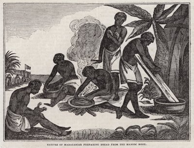 Inboorlingen van Madagaskar bereiden brood van maniokwortel door English School