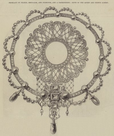 Halsketting van parels, smaragden en diamanten, en een Cachepeigne, geschenken van de koningin en prins Albert (gravure) door English School