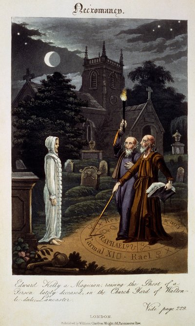 Necromantie: Edward Kelly, een magiër, roept de geest van een onlangs overleden persoon op, op het kerkhof van Walton-le-dale, Lancaster, uit 