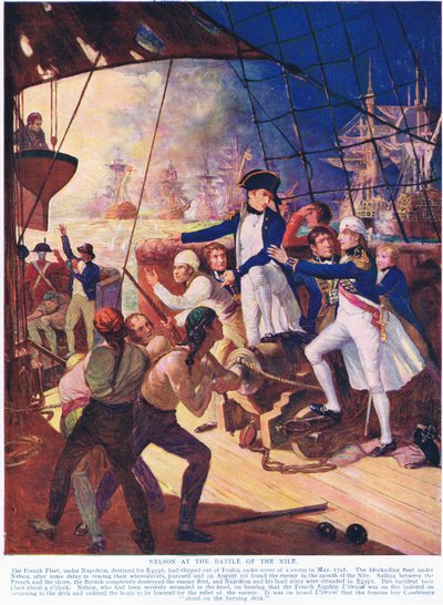 Nelson bij de Slag om de Nijl, illustratie uit Hutchinsons Geschiedenis van de Naties door English School