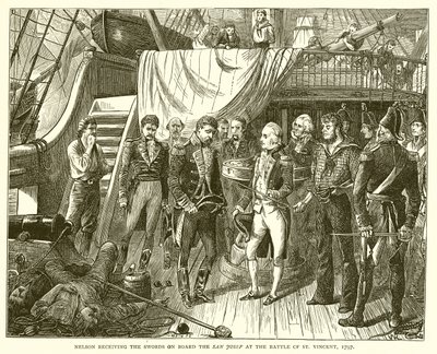 Nelson ontvangt de Zwaarden aan Boord van de San Josef bij de Slag om St. Vincent, 1797 door English School
