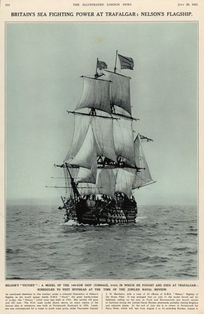 Nelsons Victory: een model van het 100-kanonschip waarin hij vocht en stierf bij Trafalgar, uit The Illustrated London News Royal Naval and Military Review Number, 20 juli 1935 door English School