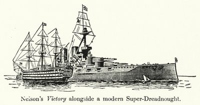 Nelsons Victory naast een moderne Super-Dreadnought door English School