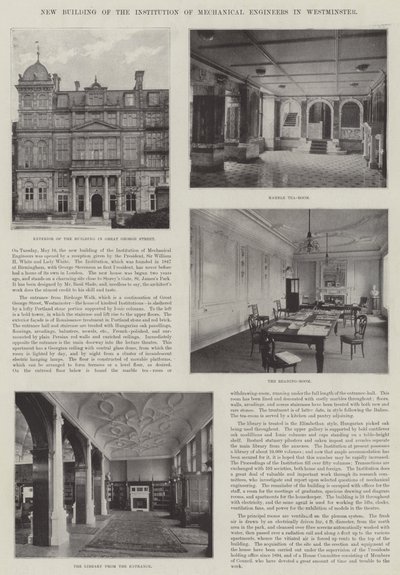 Nieuw gebouw van de Institution of Mechanical Engineers in Westminster (gravure) door English School