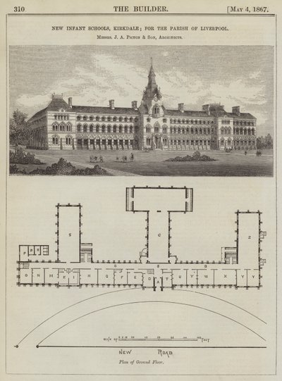 Nieuwe Kleuterscholen, Kirkdale; voor de Parochie van Liverpool, Messrs J A Picton en Zoon, Architecten (gravure) door English School