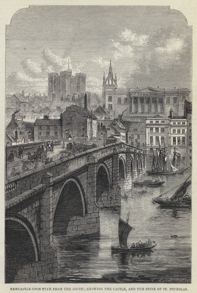 Newcastle-upon-Tyne vanuit het zuiden, met het kasteel en de torenspits van St Nicholas (gravure) door English School