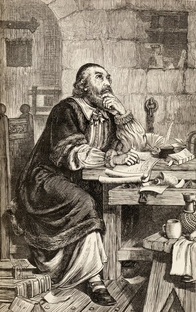 Nicholas Ridley schrijft brieven in de gevangenis terwijl hij wacht op zijn executie, ca. 1865 door English School