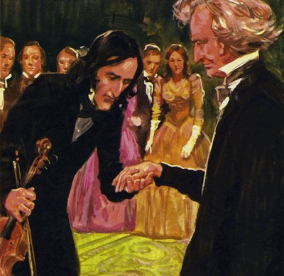 Nicolo Paganini kuste nederig zijn hand na het spelen van Berlioz