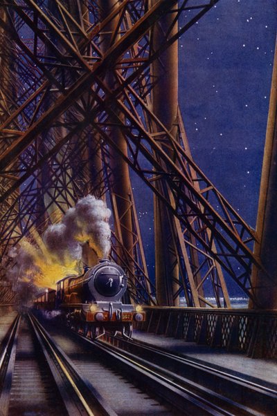 Nacht trein die de Forth Bridge, Schotland oversteekt door English School