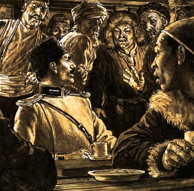 Nikolkai Prjevalsky en de Gobi-woestijn (gouache op papier) door English School