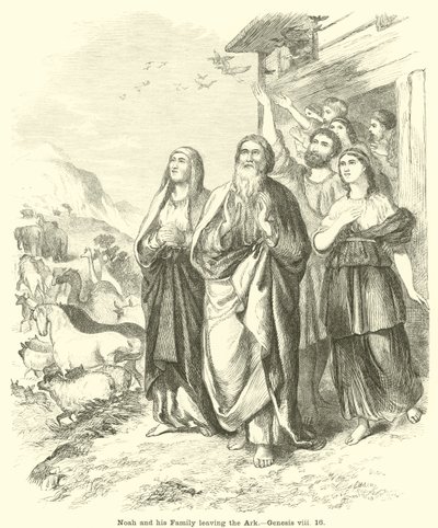 Noach en zijn familie verlaten de ark, Genesis, viii, 16 door English School