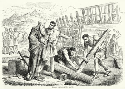 Noach bouwt de Ark (gravure) door English School