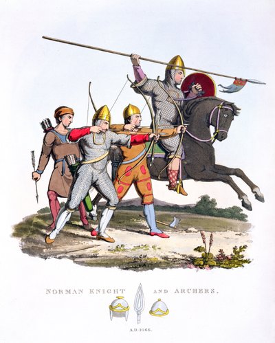 Normandische ridder en boogschutters, 1066, uit Oud Wapenrusting, door Samuel Rush Meyrick, 1824 door English School