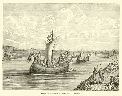 Normandische schepen die een rivier opvaren door English School