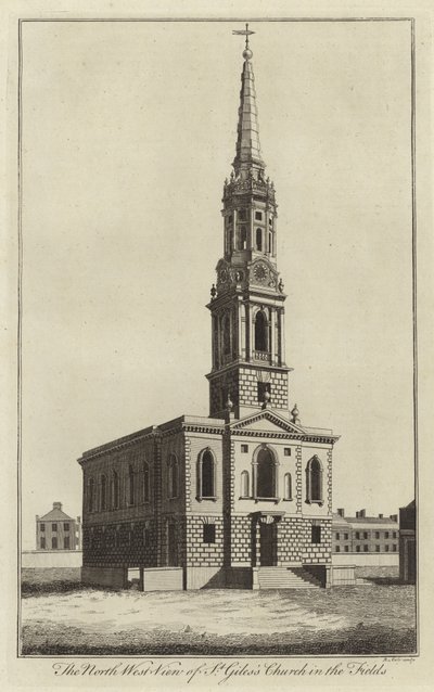 Noordwestelijk uitzicht op de kerk van St. Giles in the Fields, Londen door English School