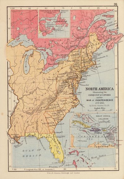 Noord-Amerika, illustratie van de verovering van Canada en de Onafhankelijkheidsoorlog door English School
