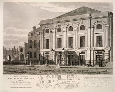 Noordoostelijke aanblik van het Surrey Theatre, voorheen The Royal Circus bij de obelisk, Great Surrey Street, 1814 door English School
