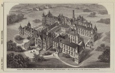 North Staffordshire Nieuwe Inrichting, Hartshill, Stoke-upon-Trent, Mr G B Nichols en Mr Charles Lynam, Architecten (gravure) door English School