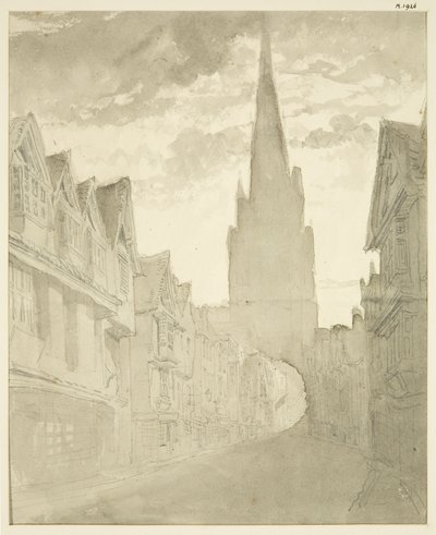 Noordelijk aanzicht van de St. Mary Redcliffe kerk vanaf Redcliffe Street door English School