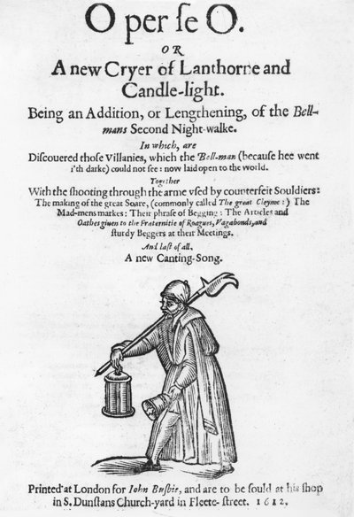 O per se O, of Een Nieuwe Roep van Lantaarn en Kaarslicht, titelpagina uit een boek, gedrukt door John Busbie, 1612 door English School