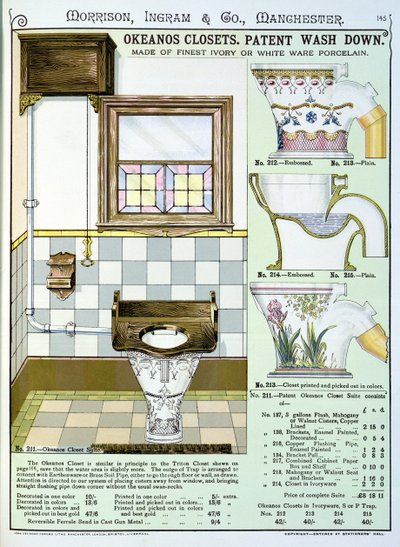 Okeanos kasten uit een catalogus van sanitair geproduceerd door Morrison, Ingram & Co., Manchester, gepubliceerd ca.1890 door English School