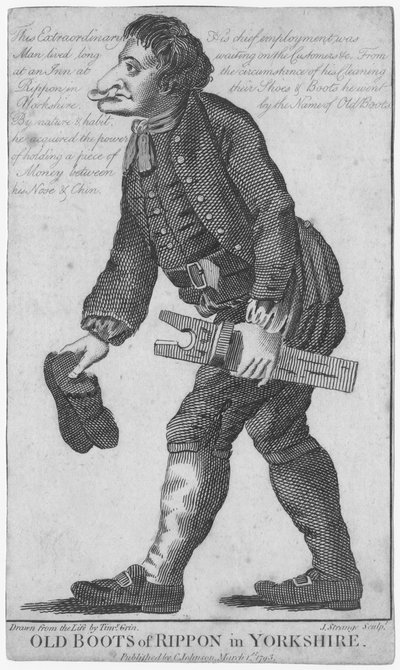 Oude laarzen van Rippon in Yorkshire, gegraveerd door J. Strange (18e eeuw) naar een tekening van Timothy Grin, uitgegeven door C. Johnson, 1793 door English School