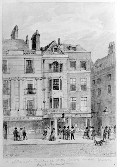 Oude ingang naar de Crown and Anchor Tavern, 1851 door English School