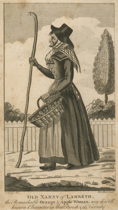Oude Nanny van Lambeth, de opmerkelijke sinaasappel- en appelvrouw door English School