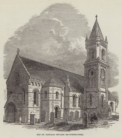 Oude St Pancras-kerk herbouwd (gravure) door English School