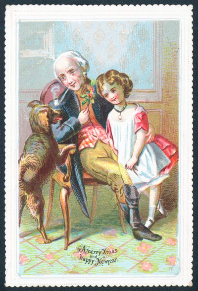 Oude heer zittend in stoel met meisje en hond, kerstkaart door English School