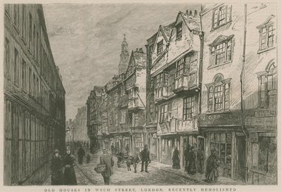 Oude huizen in Wych Street, Londen, recent gesloopt door English School