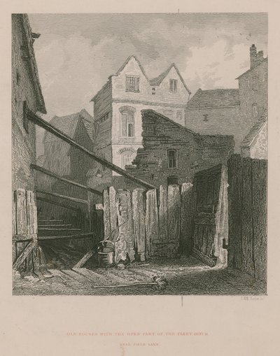 Oude huizen met het open deel van de Fleet Ditch bij Field Lane door English School