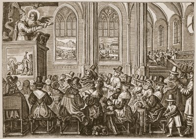 Oliver Cromwell predikt voor een puriteinse gemeente, illustratie uit De Kerk van Engeland: Een Geschiedenis voor het Volk door H.D.M. Spence-Jones door English School