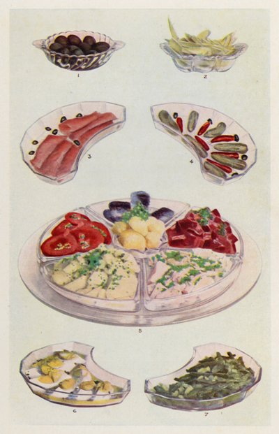Olijven; Geklede Cichorei; Gerookte Zalm; Augurk en Chili; Boter, Tomatenschijfjes, Aardappelsalade, Tonijn, Biet, Sardines; Mayonaise van Eieren; Bonensalade door English School
