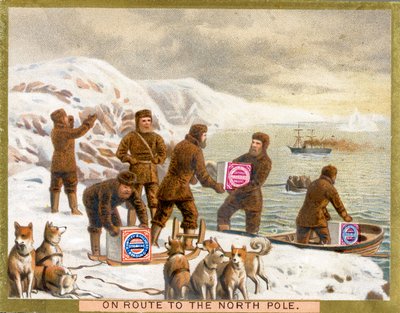Op weg naar de Noordpool, promotiekaart voor Huntley & Palmers Biscuits, ca. 1890 door English School