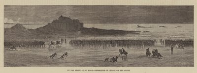 Op het Strand van St Malo, Vertrek van Rekruten naar het Front (gravure) door English School