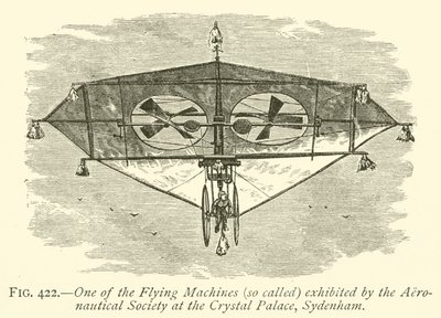 Een van de vliegmachines tentoongesteld door de Aeronautical Society in het Crystal Palace, Sydenham door English School