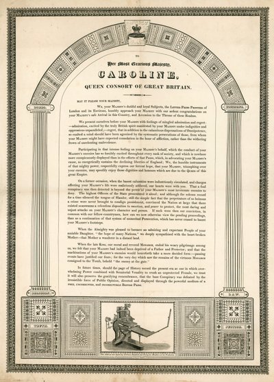 Open brief aan Caroline, koningin-gemalin van Groot-Brittannië van de boekdrukkers van Londen door English School