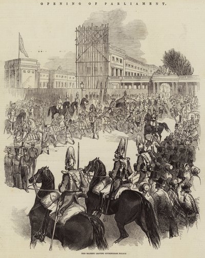 Opening van het Parlement, Hare Majesteit verlaat Buckingham Palace (gravure) door English School